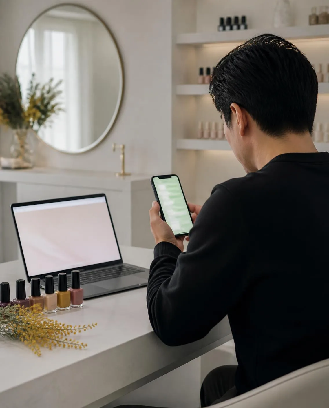 ネイルサロンのカウンターで、スマートフォンの公式LINE画面を確認する男性の後ろ姿