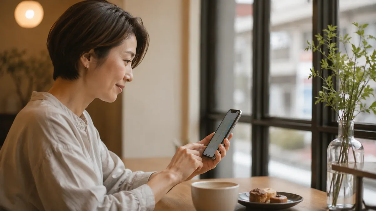カフェでスマートフォンの地図アプリを見ている女性